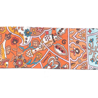 Hermes Silk Au Pays Des Oiseaux Fleurs Twilly Orange Brun Saumon 3 of 4