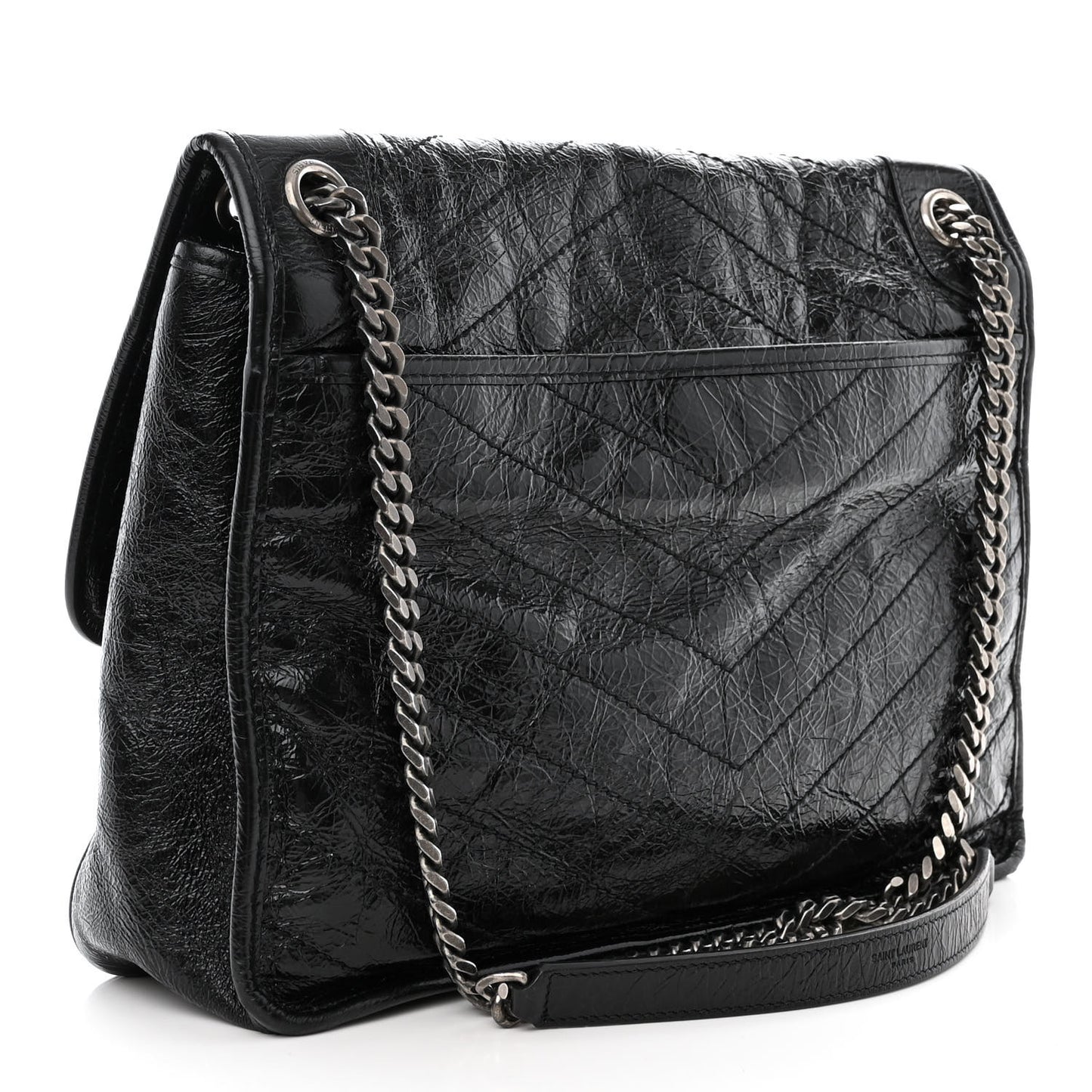 Crinkled Calfskin Matelasse Monogram Large Niki Chain Satchel Black