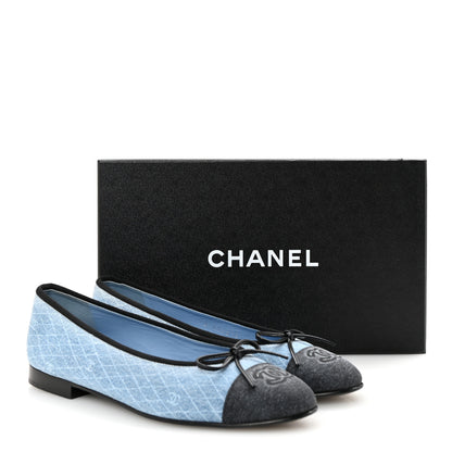 Chanel Denim Printed Quilt CC Cap Toe Ballerina Flats 38 Light Blue Dark Grey 10 of 10
