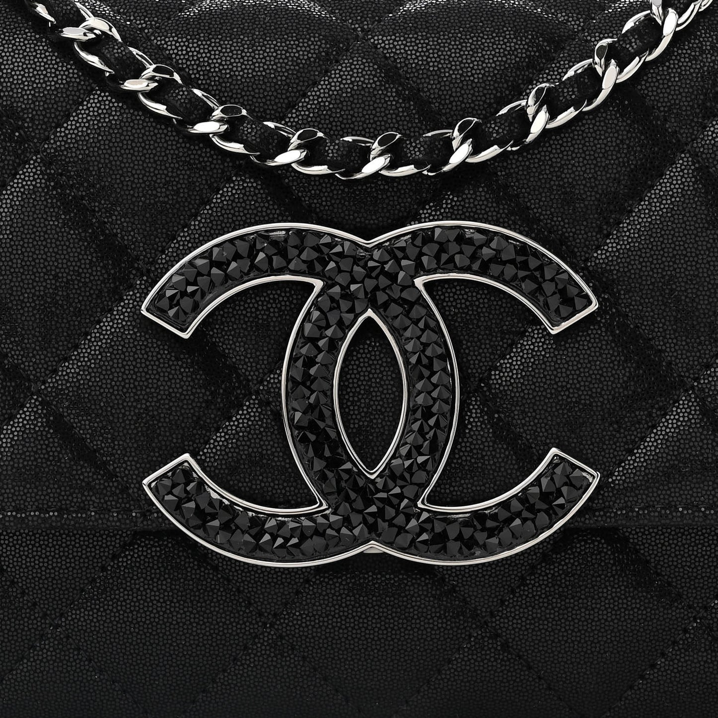 Iridescent Caviar Crystal Quilted Wallet On Chain WOC Black