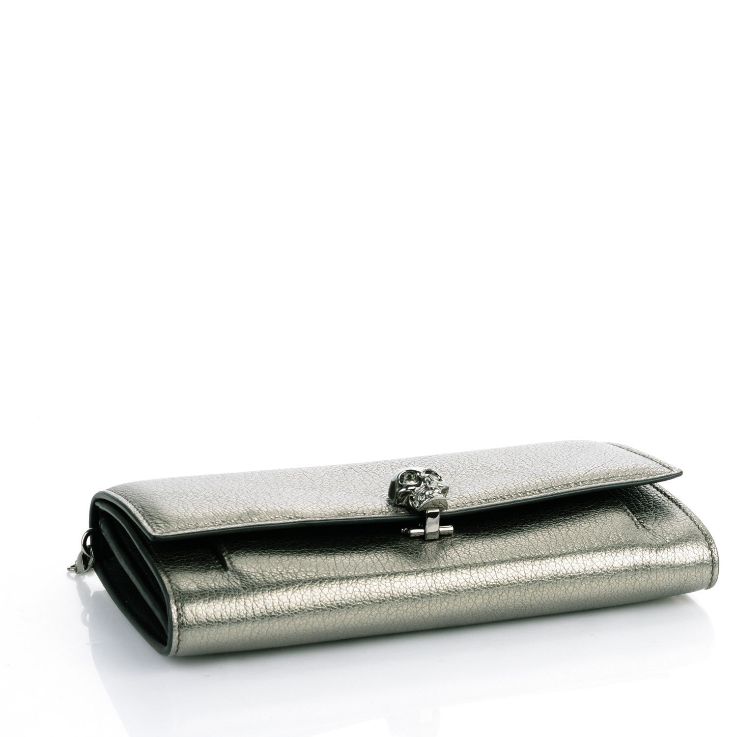 Alexander McQueen Metallic Calfskin Skull Wallet on Chain Black Pearl 4 of 7