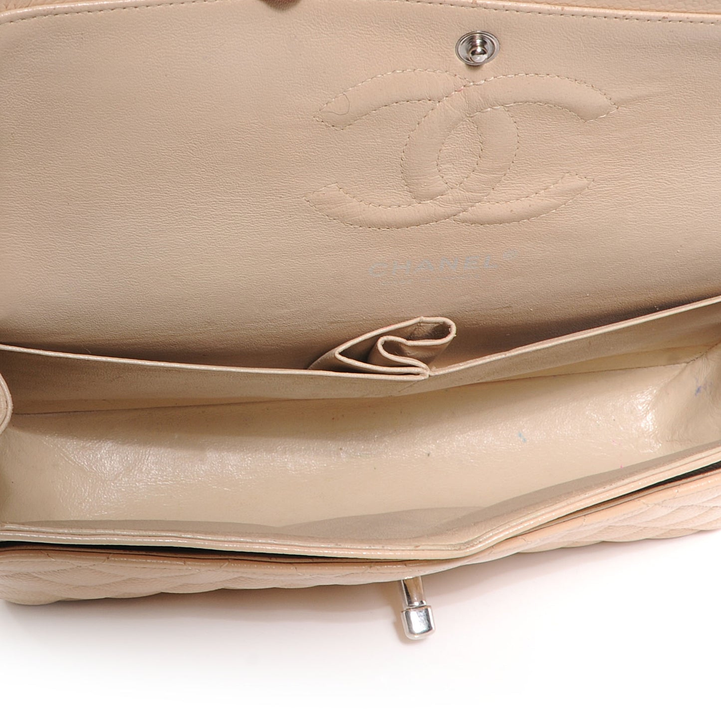 Caviar Quilted Medium Double Flap Beige Clair