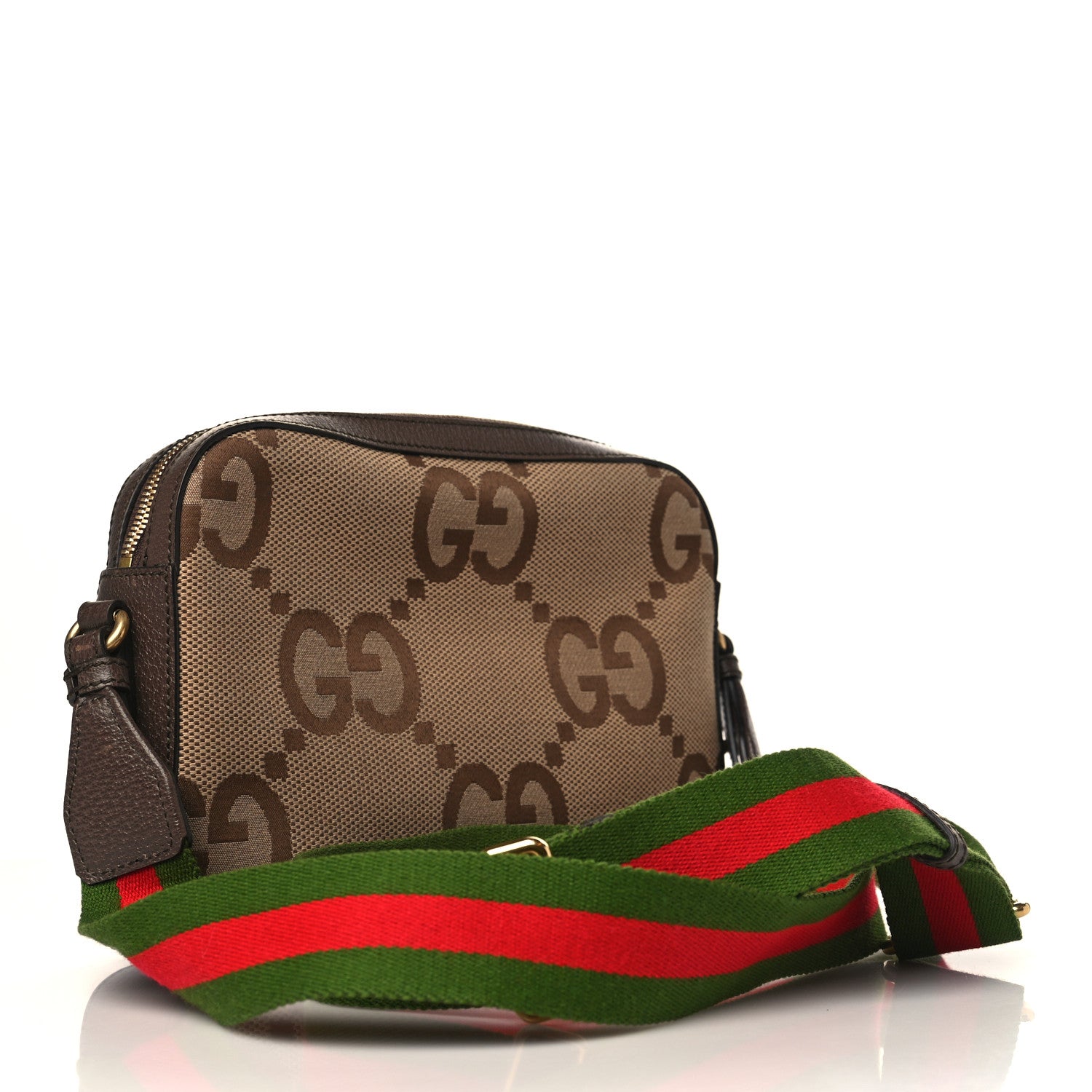 Gucci Monogram Jumbo GG Textured Dollar Calfskin Web Messenger Shoulder Bag Camel Ebony New Acero 3 of 9