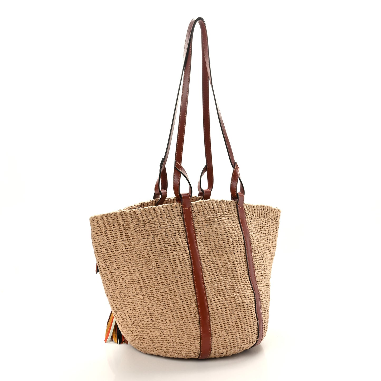 Raffia Calfskin Tassel Large Basket Tote Sepia Brown
