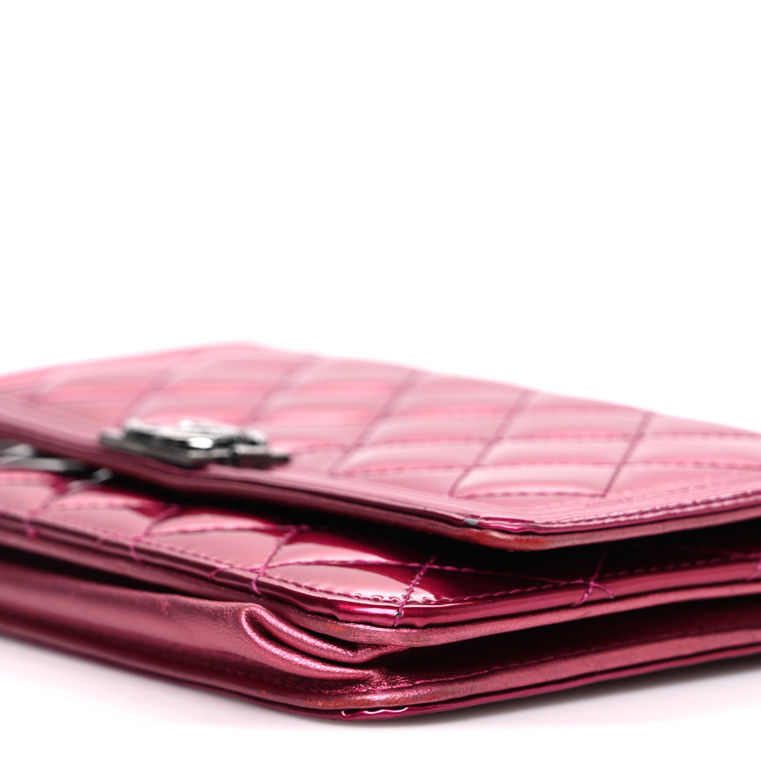 Chanel Metallic Patent Calfskin Quilted Boy Wallet On Chain WOC Fuchsia 11 of 13