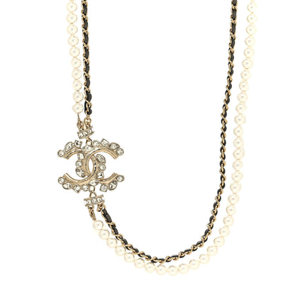 Chanel Pearl Crystal Baguette Lambskin CC Double Strand Necklace Gold Black 1 of 5