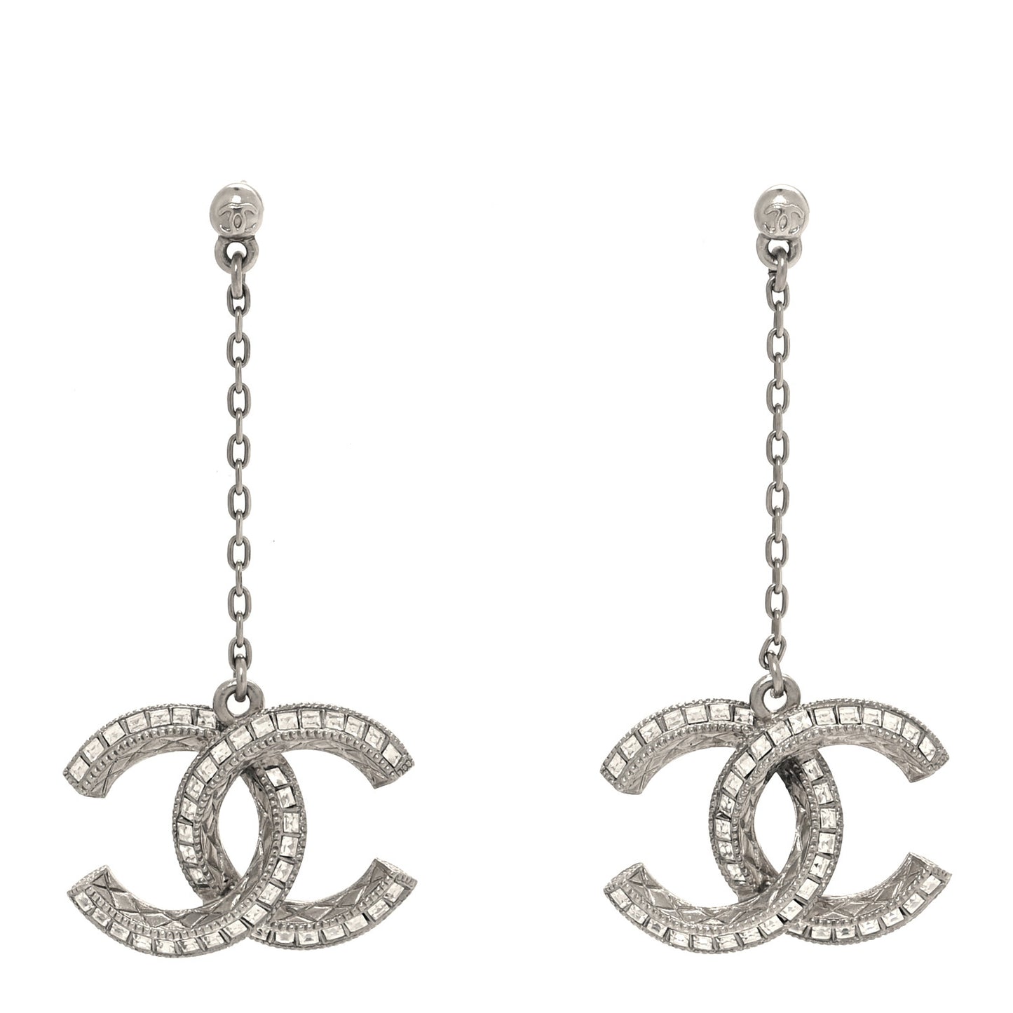 Crystal Baguette CC Drop Earrings Silver