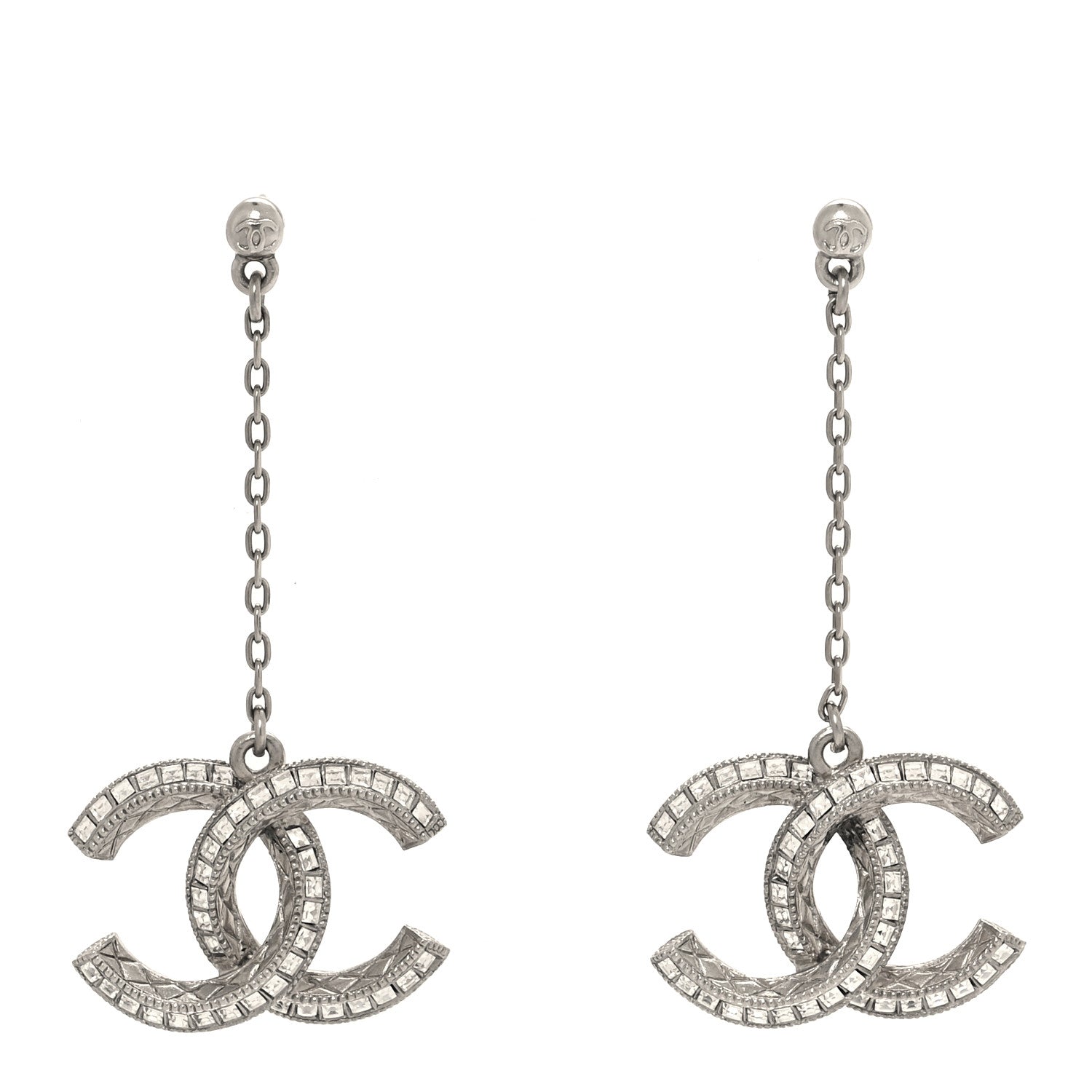 Chanel Crystal Baguette CC Drop Earrings Silver 1 of 5