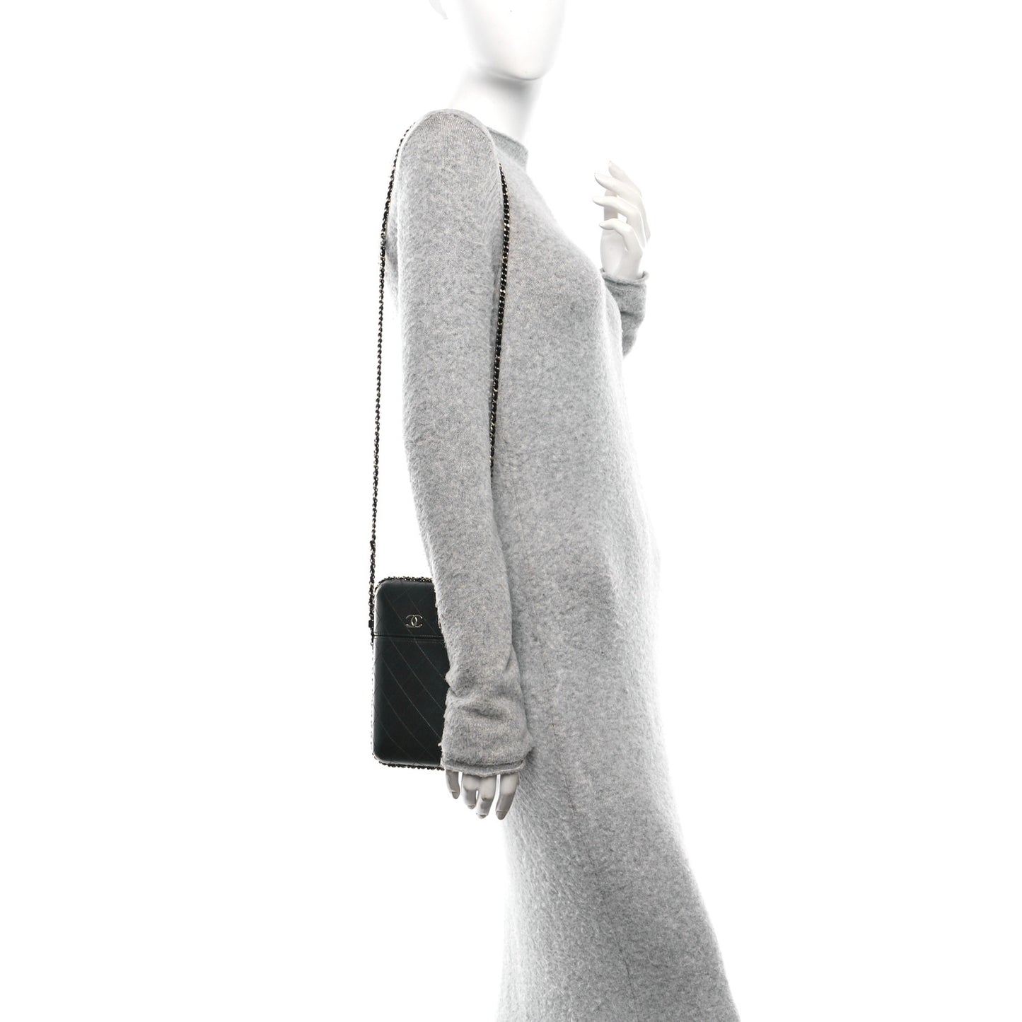 Lambskin Quilted Chain Around Phone Holder Black