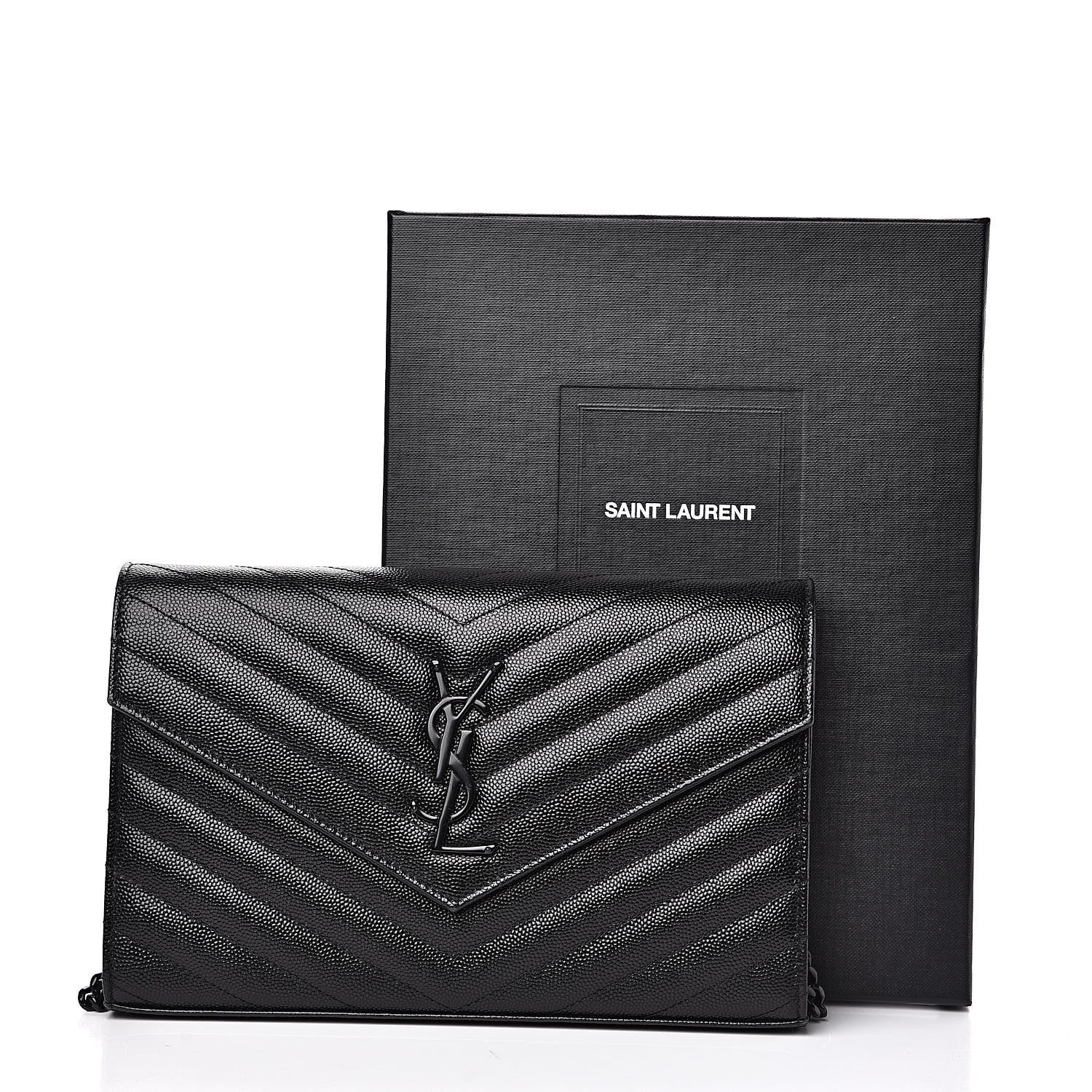 Saint Laurent Grain De Poudre Matelasse Chevron Monogram Chain Wallet Black 11 of 11