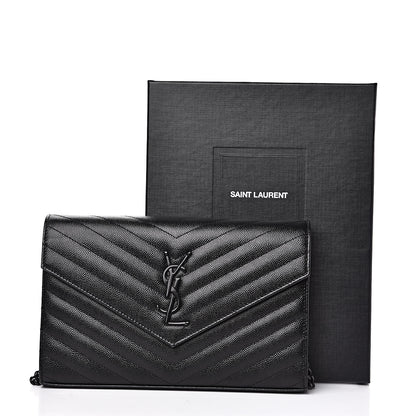 Saint Laurent Grain De Poudre Matelasse Chevron Monogram Chain Wallet Black 11 of 11