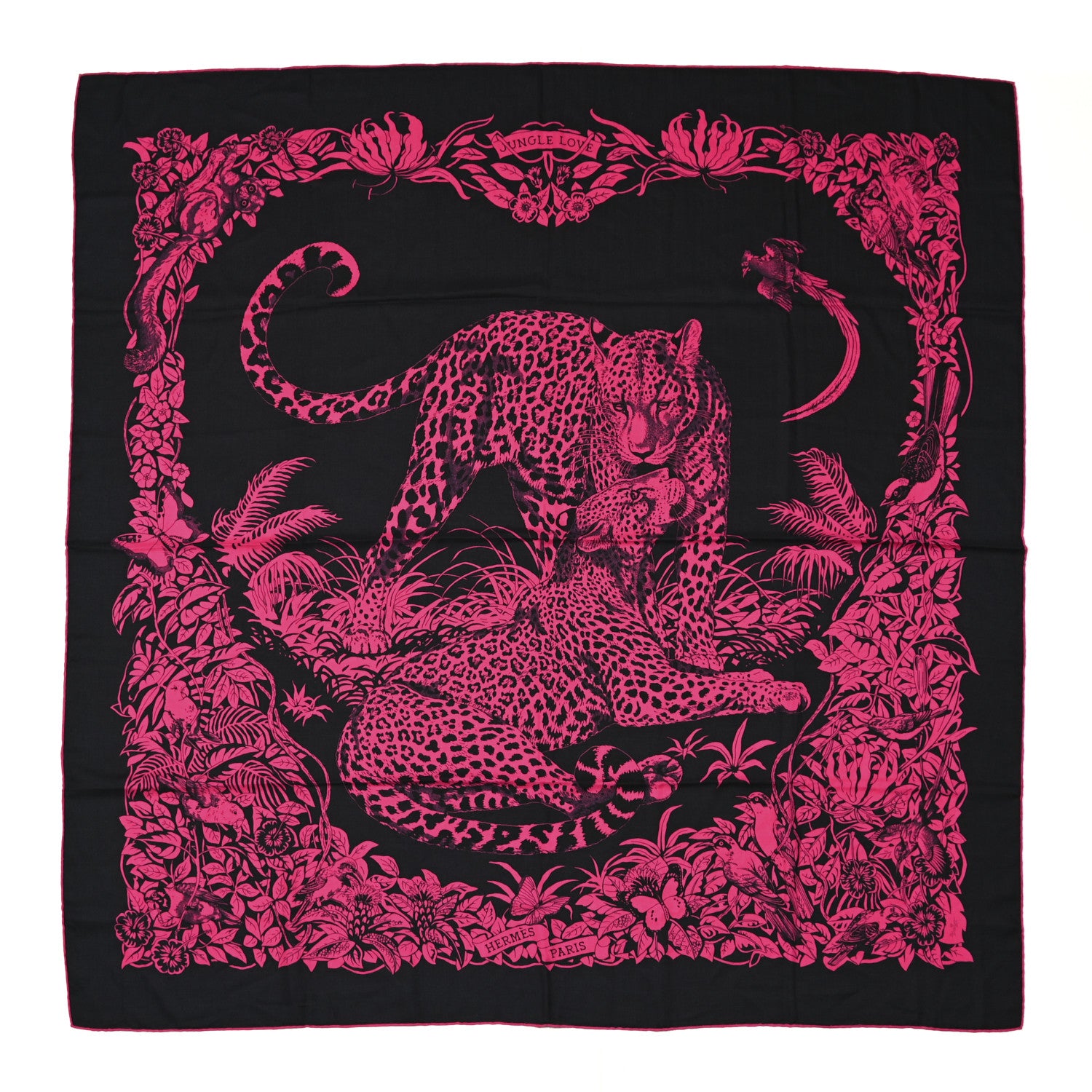 Hermes Cashmere Silk Jungle Love Tattoo Shawl 140 Bleu Noir Rose Vif 1 of 6