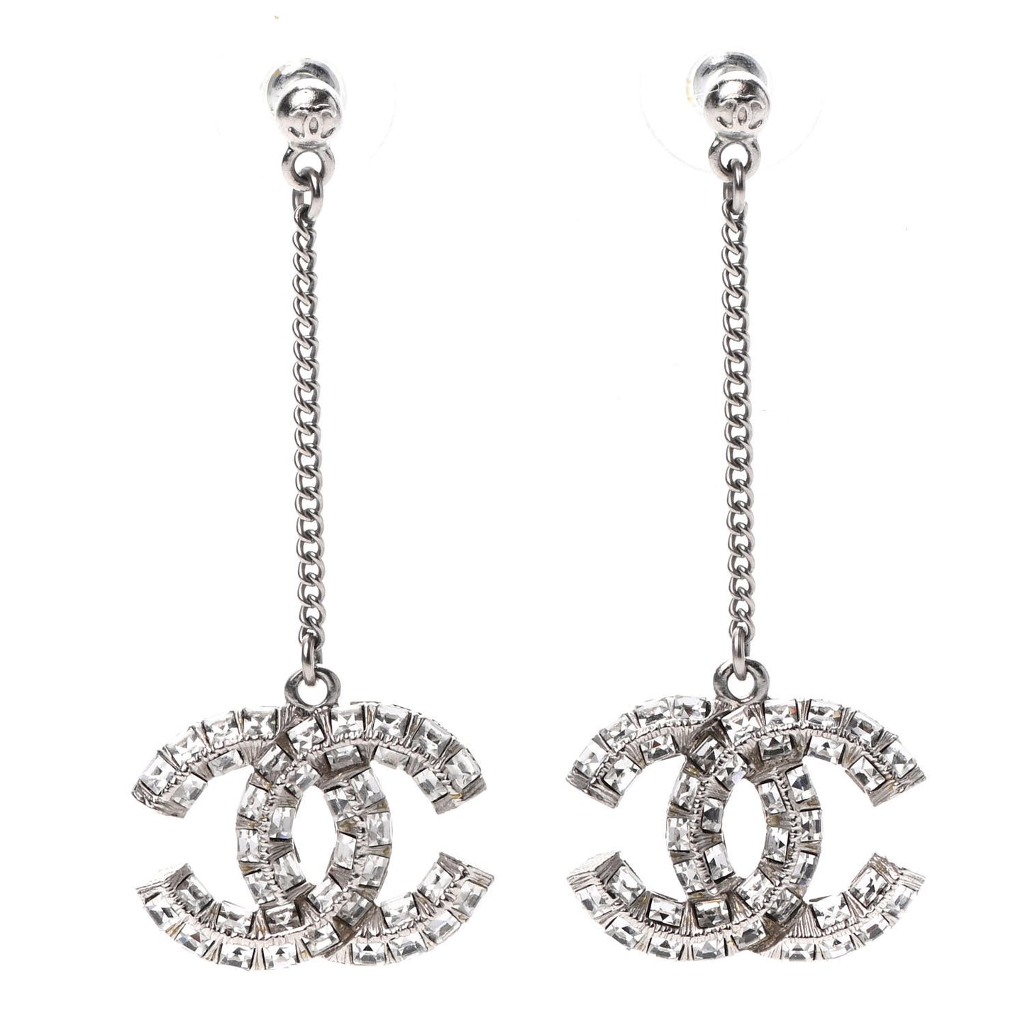 Baguette Crystal CC Drop Earrings Silver