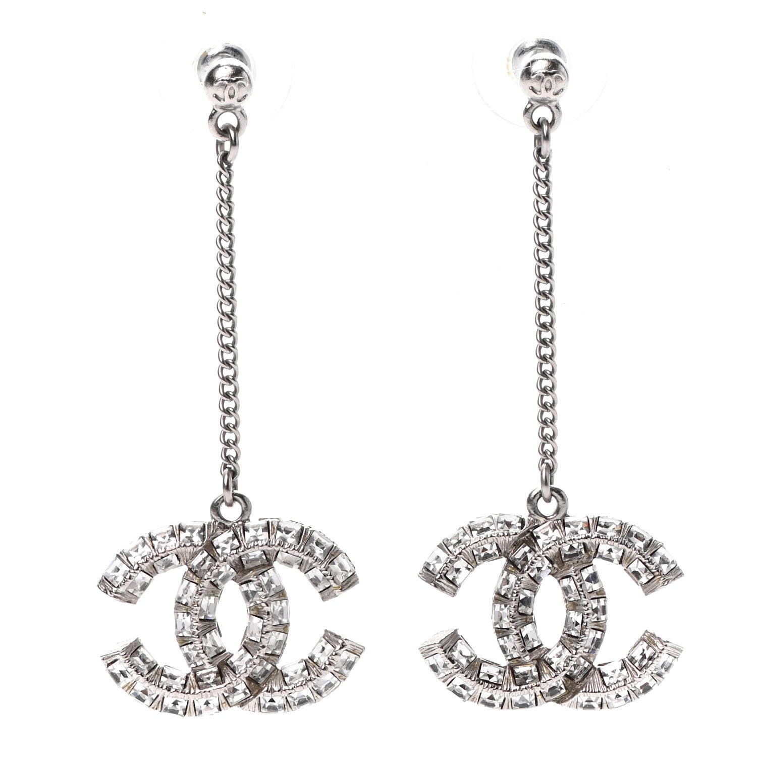 Chanel Baguette Crystal CC Drop Earrings Silver 1 of 4