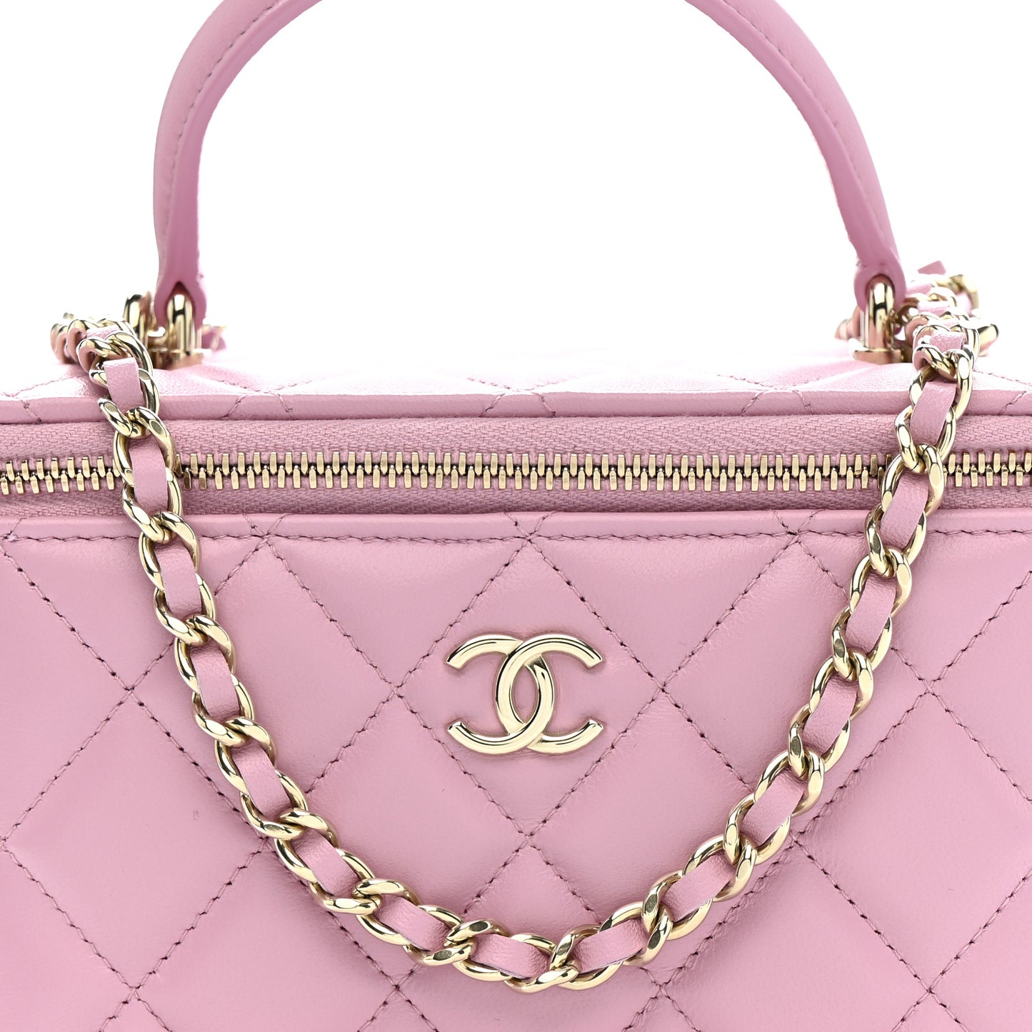 Lambskin Quilted Small Top Handle Vanity Case With Chain Pink