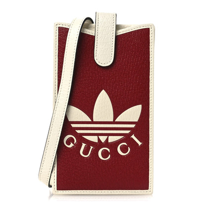Gucci X ADIDAS Textured Dollar Calfskin Trefoil Embossed Phone Crossbody Bag Hibiscus Red Off White 1 of 11