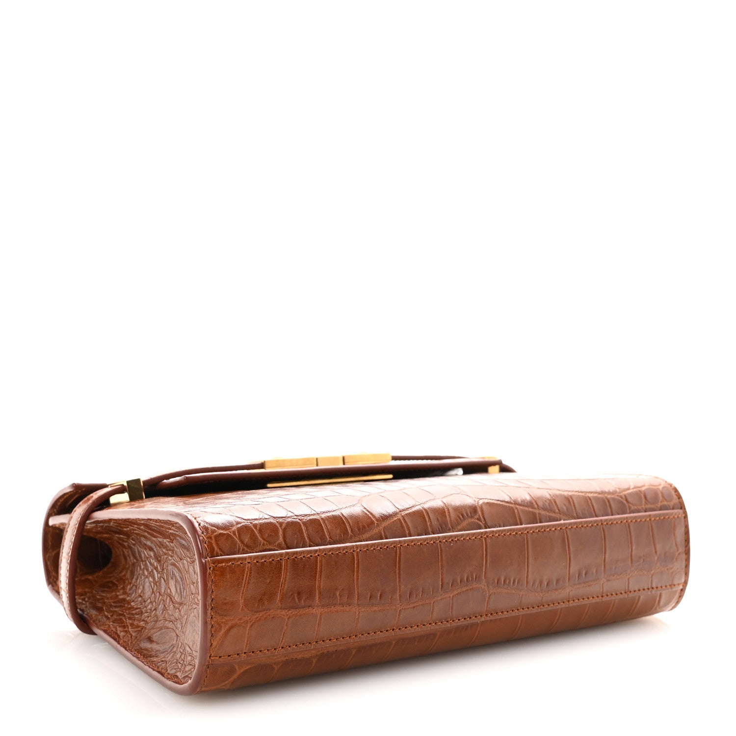 Saint Laurent Shiny Calfskin Crocodile Embossed Small Manhattan Baguette Dark Caramel 4 of 10