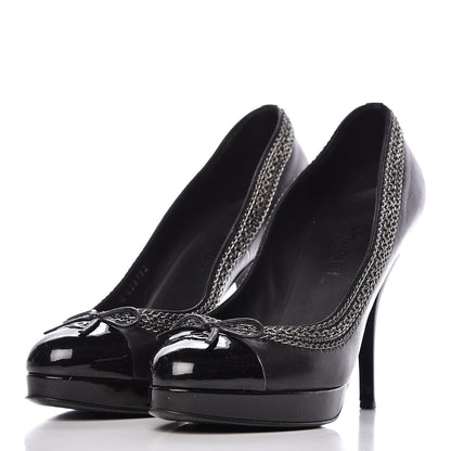 Chanel Lambskin Patent Cap Toe CC Chain Pumps 38 Black 3 of 16