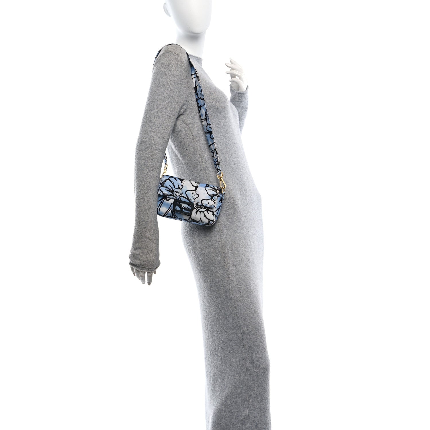 Fendi X JOSHUA VIDES Nylon Flower Clouds Print Mini Belt Baguette White Celeste Black 2 of 10