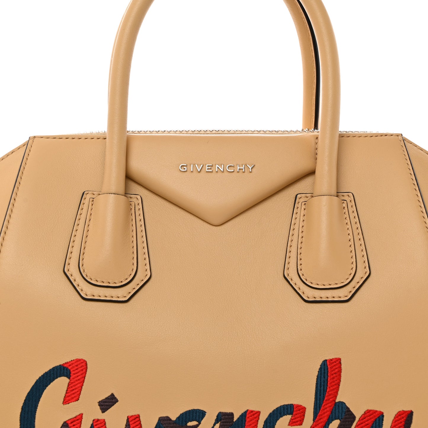 Calfskin Embroidered Logo Small Antigona Beige Camel