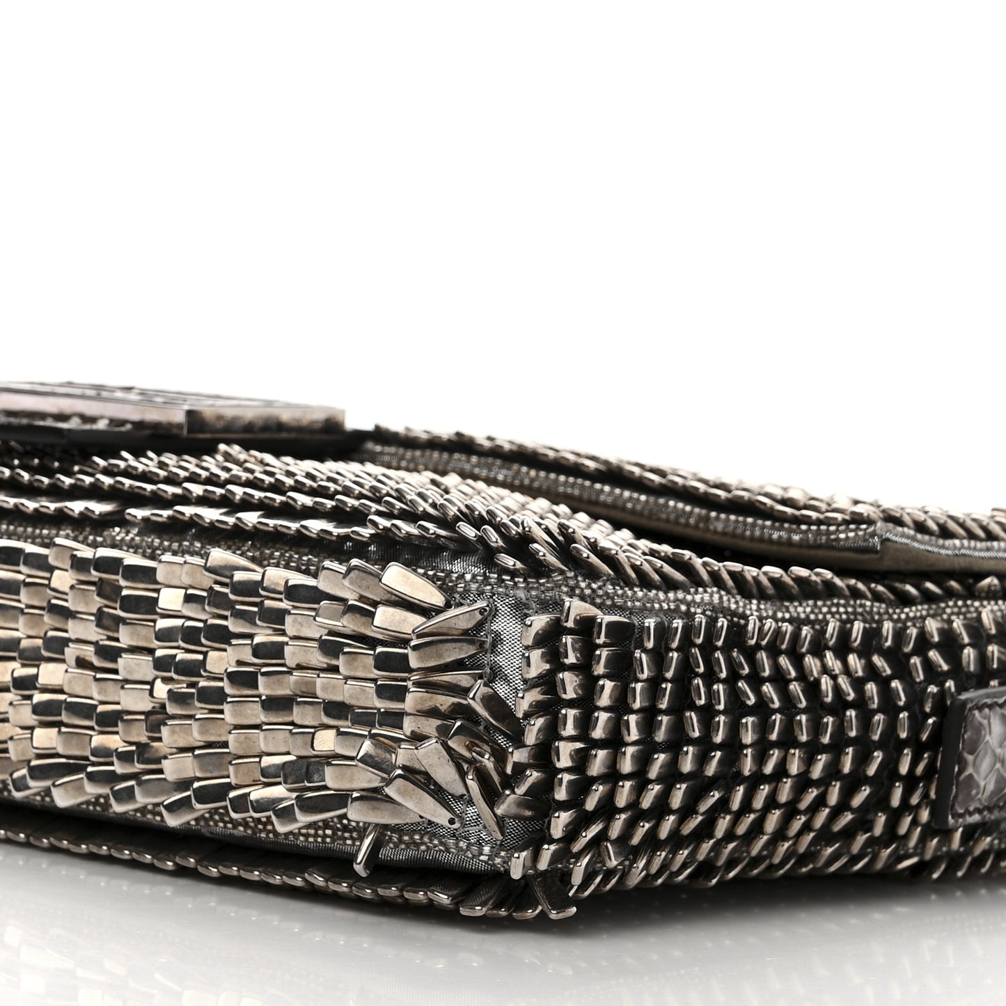 Fabric Beaded Embroidered Snakeskin Baguette Silver