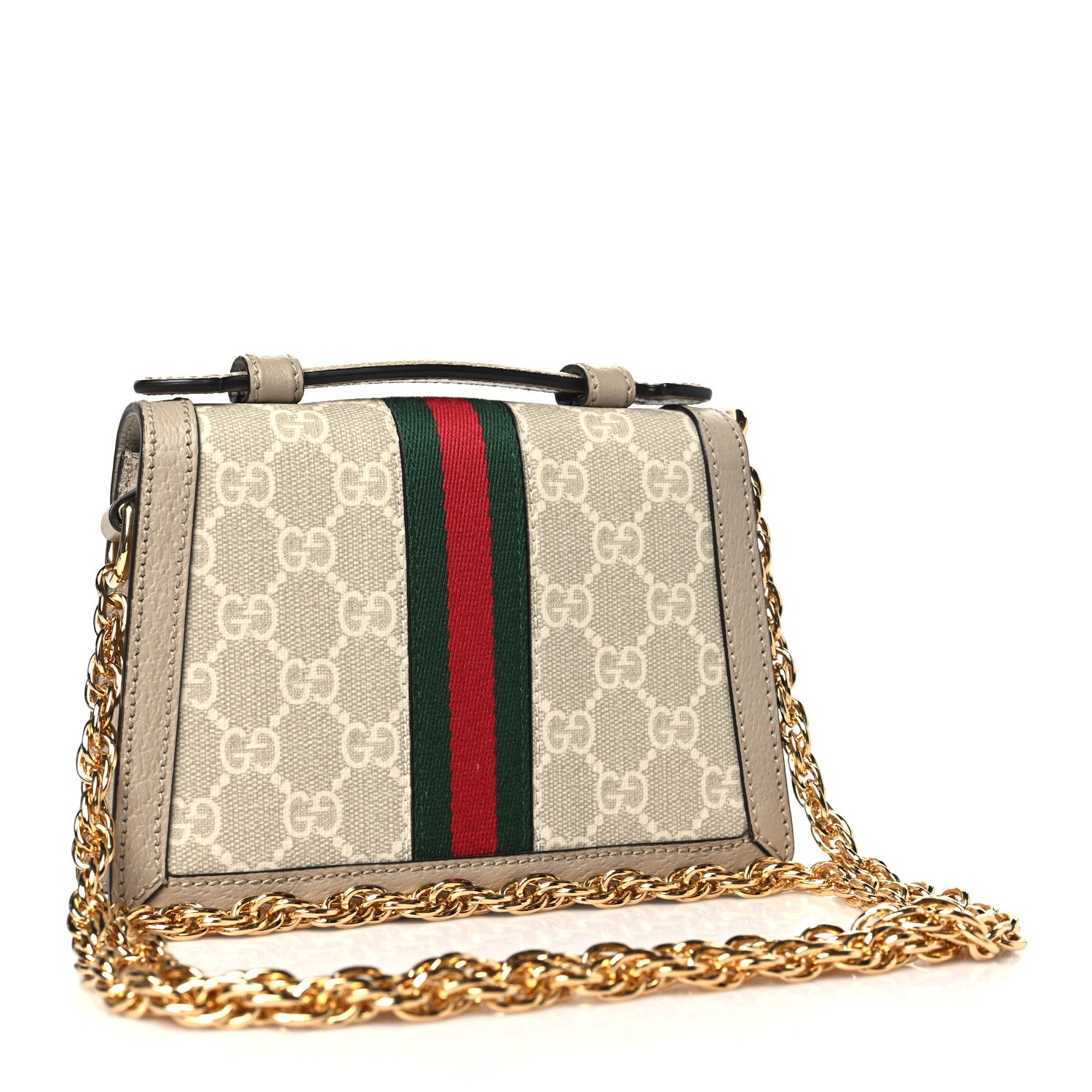 Gucci GG Supreme Monogram Textured Dollar Calfskin Web Mini Ophidia Padlock Top Handle Chain Shoulder Bag Beige Mystic White Oatmeal 3 of 9