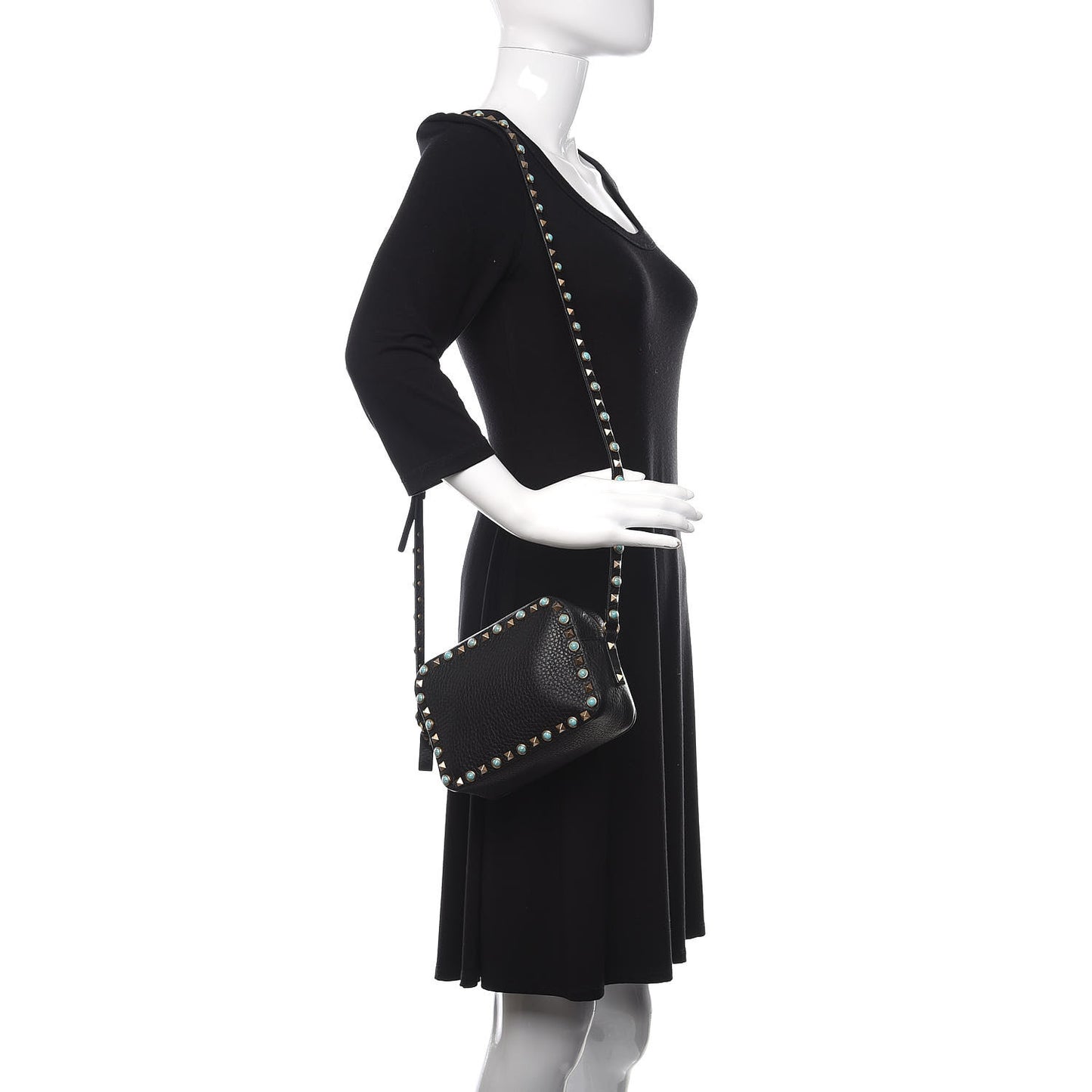 Grained Calfskin Turquoise Rockstud Rolling Camera Crossbody Bag Black