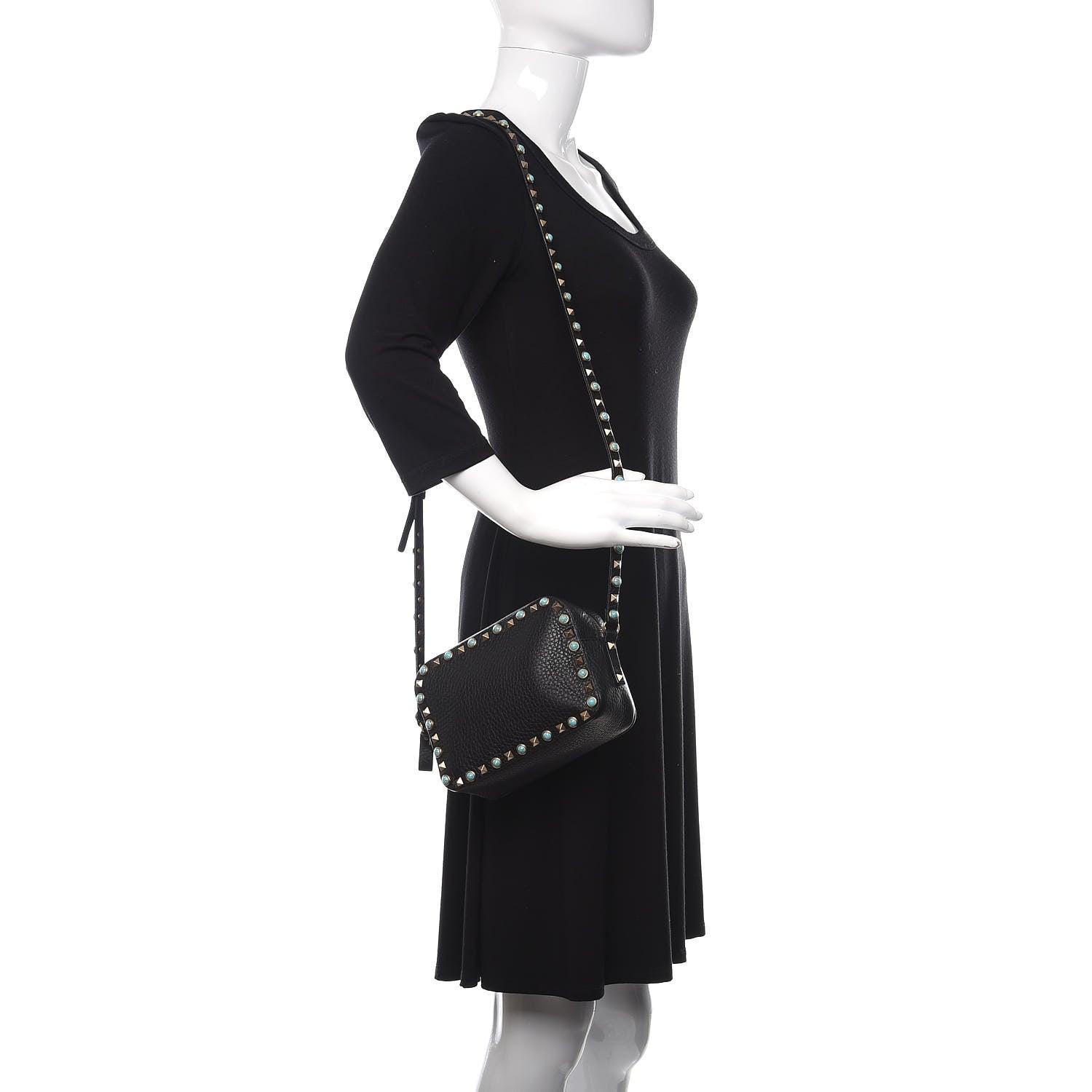 Valentino Garavani Grained Calfskin Turquoise Rockstud Rolling Camera Crossbody Bag Black 2 of 9