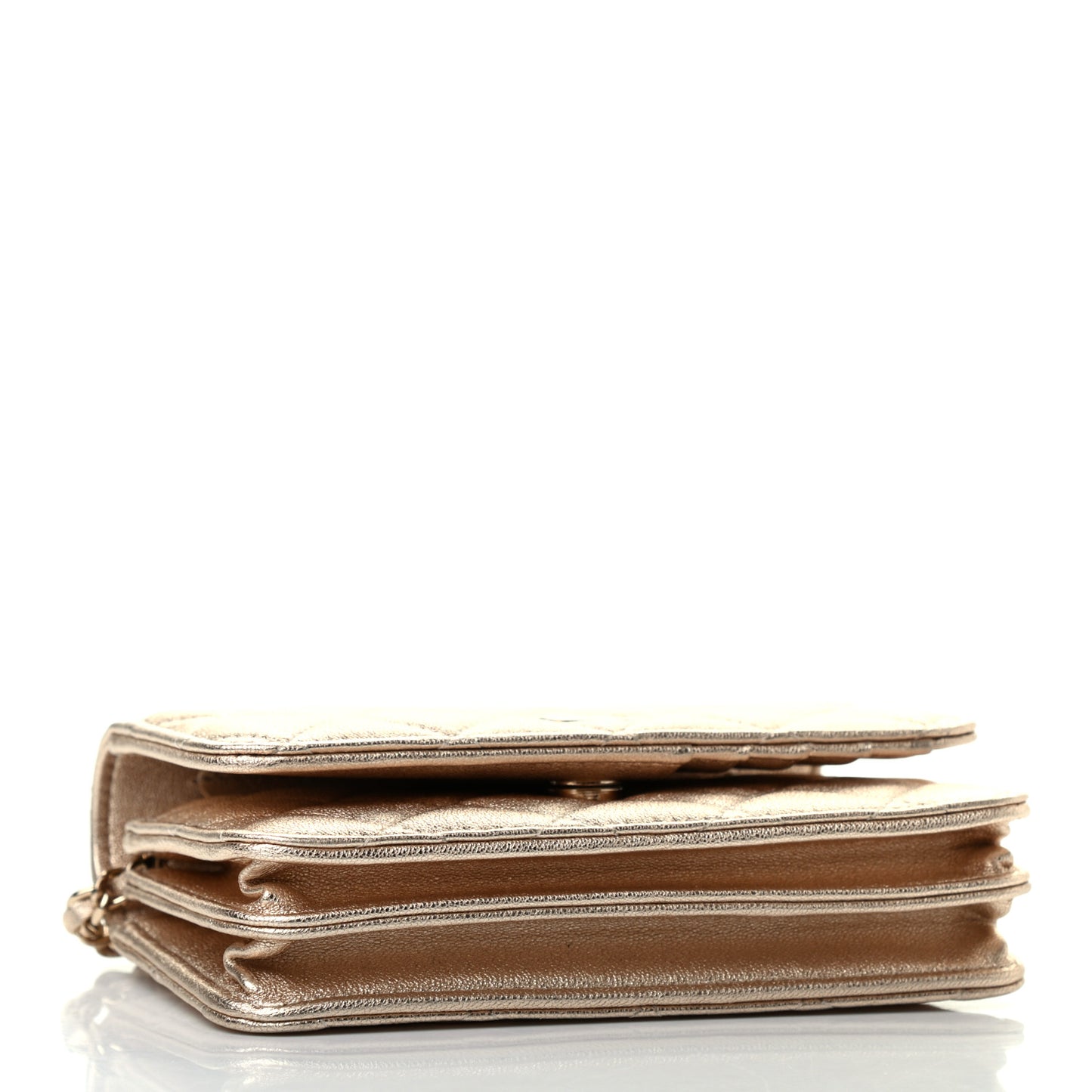 Metallic Lambskin Quilted Mini Wallet On Chain WOC Gold