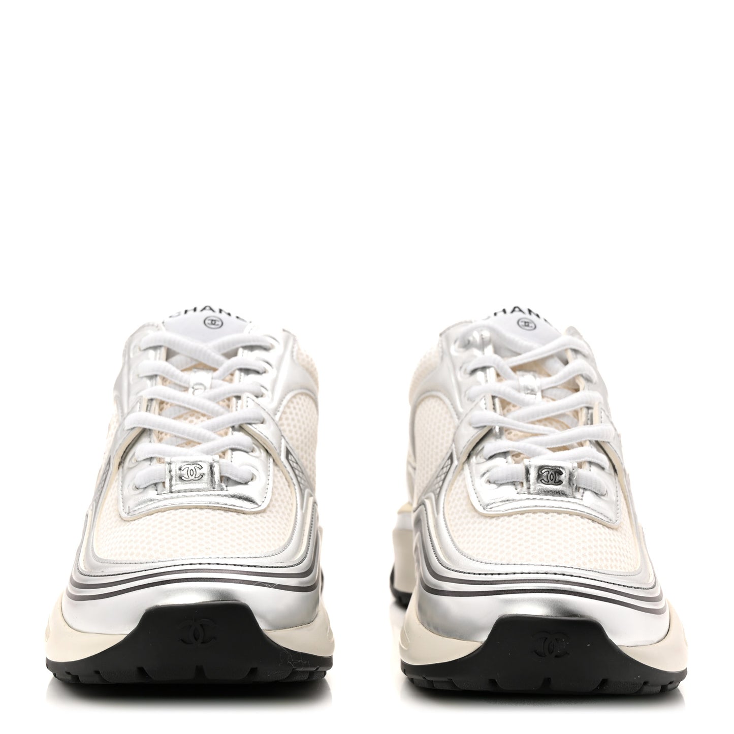 Fabric Laminated Calfskin Stretch CC Womens Sneakers 37.5 White Silver