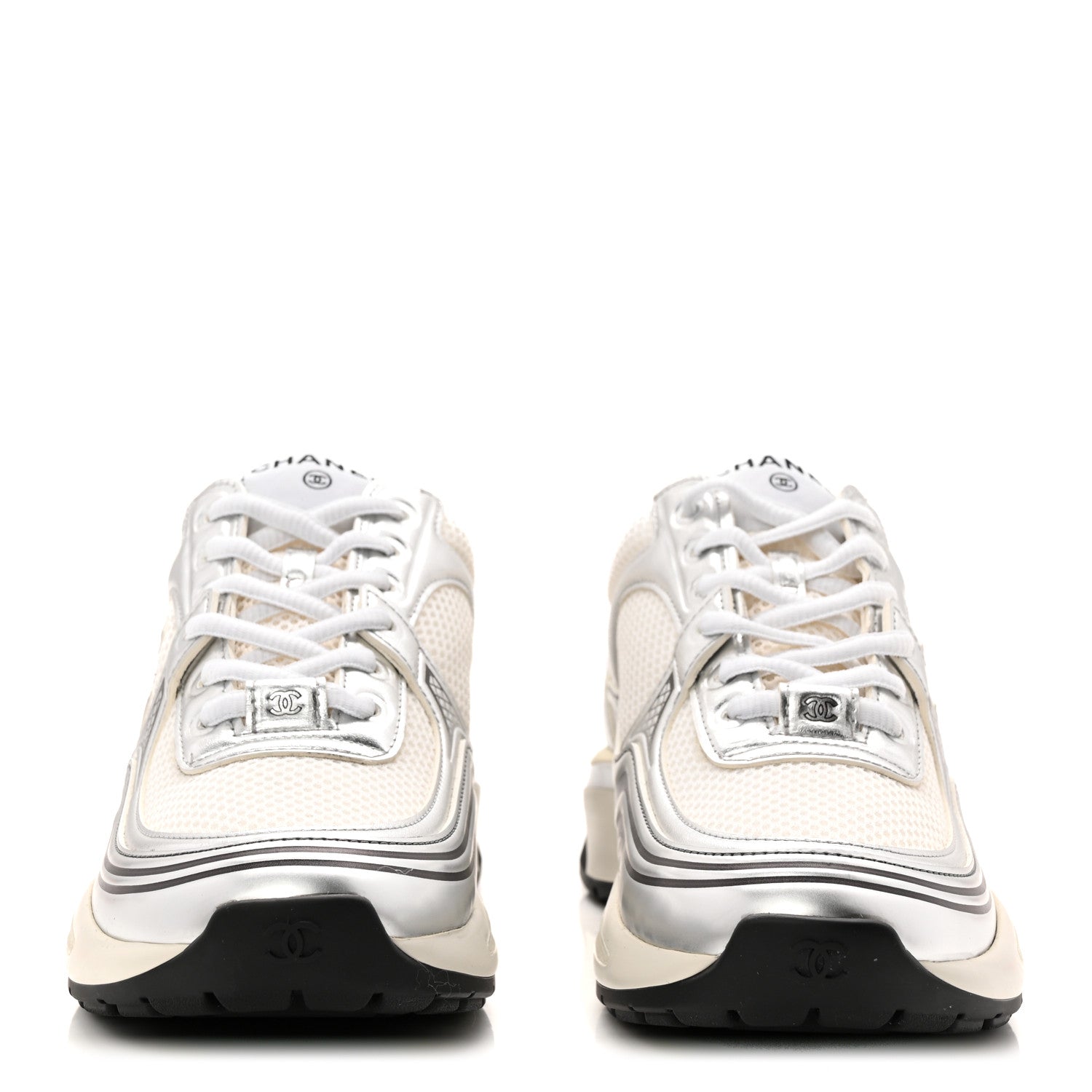 Chanel Fabric Laminated Calfskin Stretch CC Womens Sneakers 37.5 White Silver 3 of 9