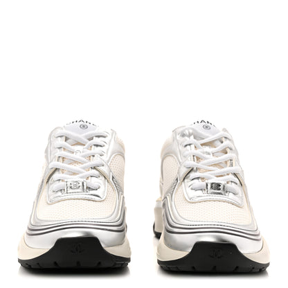 Chanel Fabric Laminated Calfskin Stretch CC Womens Sneakers 37.5 White Silver 3 of 9