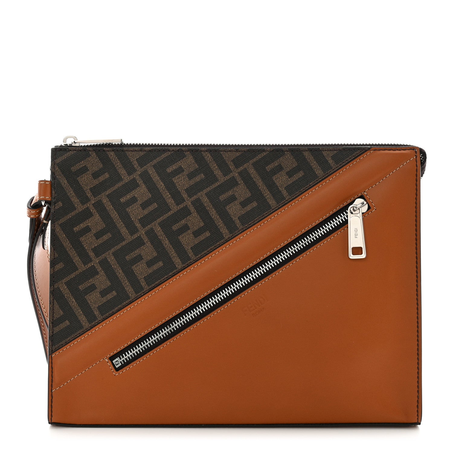 Fendi Glazed Fabric Vitello King FF 1974 Diagonal Flat Pouch Tobacco Moro Cuoio 1 of 7