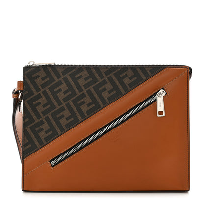 Fendi Glazed Fabric Vitello King FF 1974 Diagonal Flat Pouch Tobacco Moro Cuoio 1 of 7