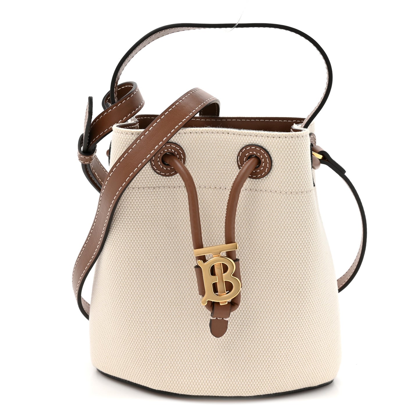 Canvas Calfskin Mini TB Drawstring Bucket Bag Natural Tan