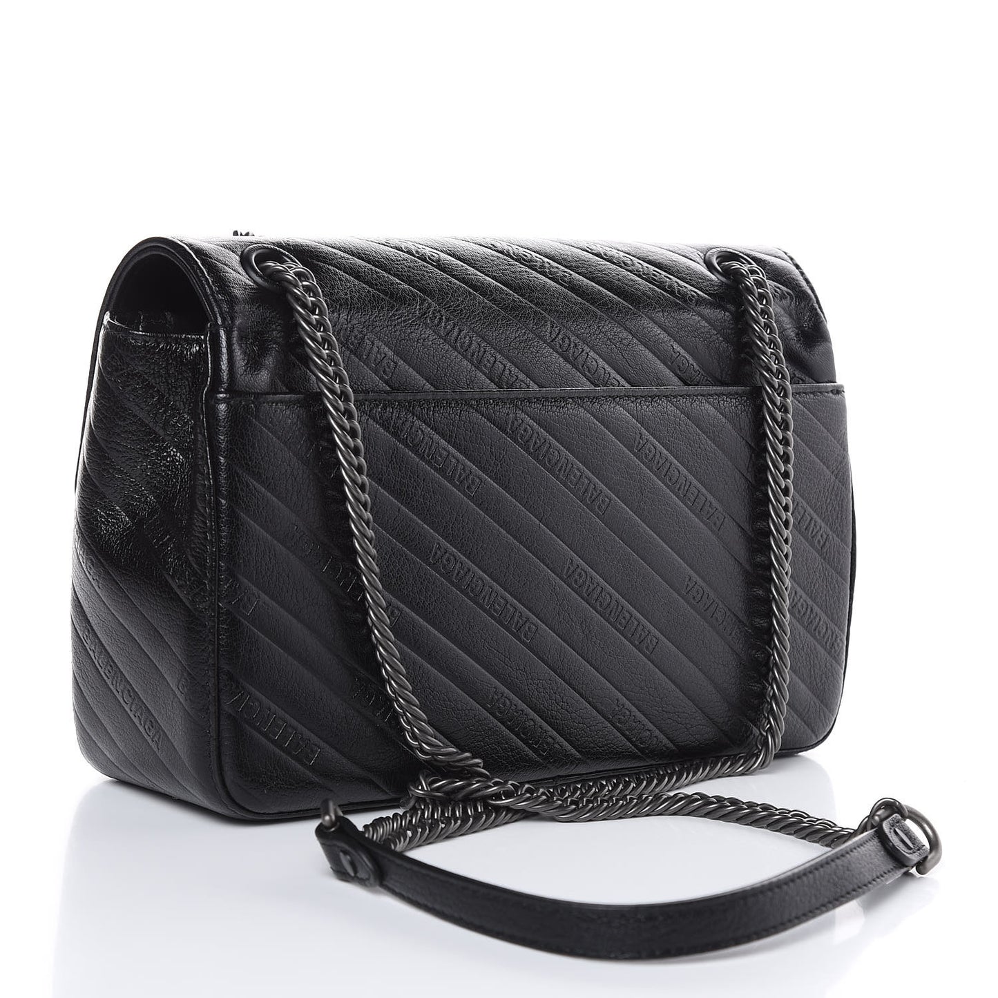 Shiny Goatksin Logo Embossed Monochrome M BB Round Shoulder Bag Black