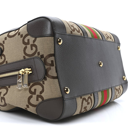 Gucci Monogram Jumbo GG Textured Dollar Calfskin Web Medium Duffle Bag Camel Ebony 9 of 10