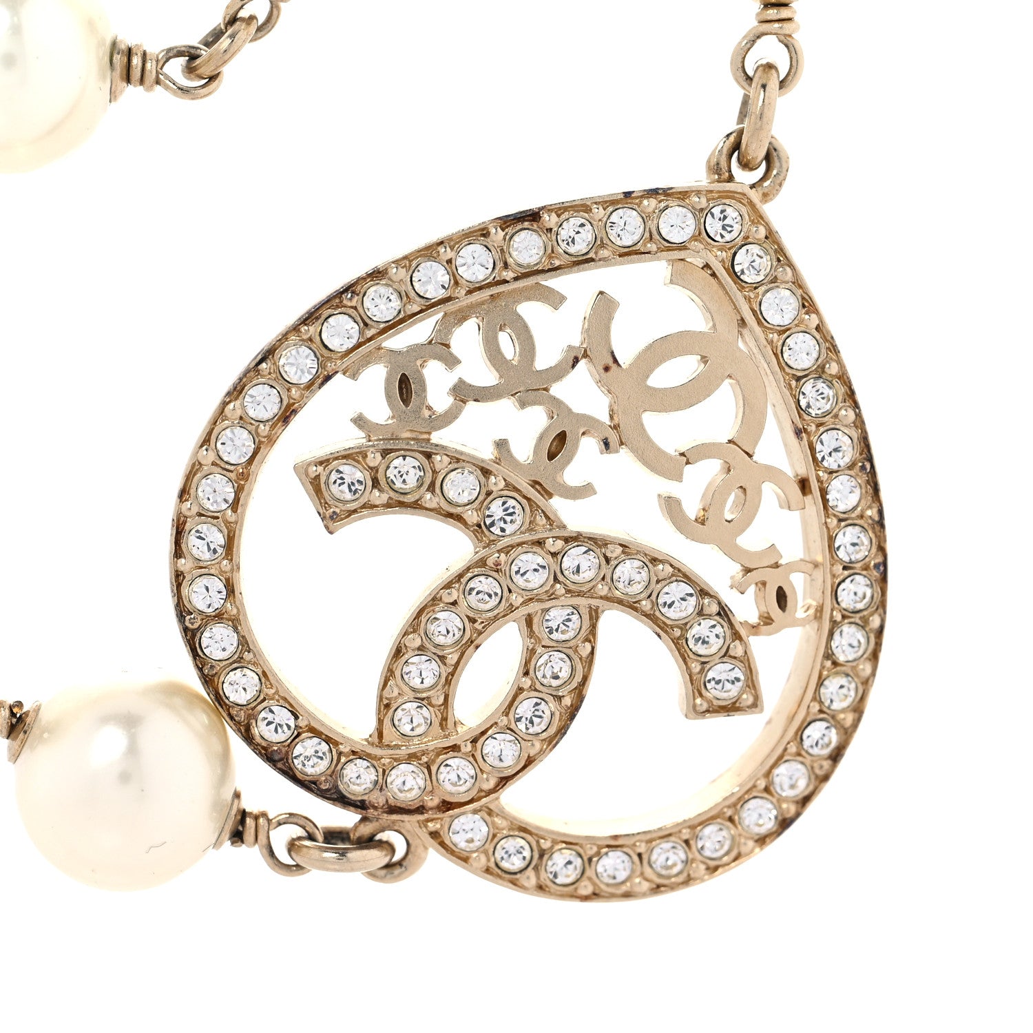 Chanel Swarovski Crystal Pearl CC Heart Necklace Gold 3 of 7