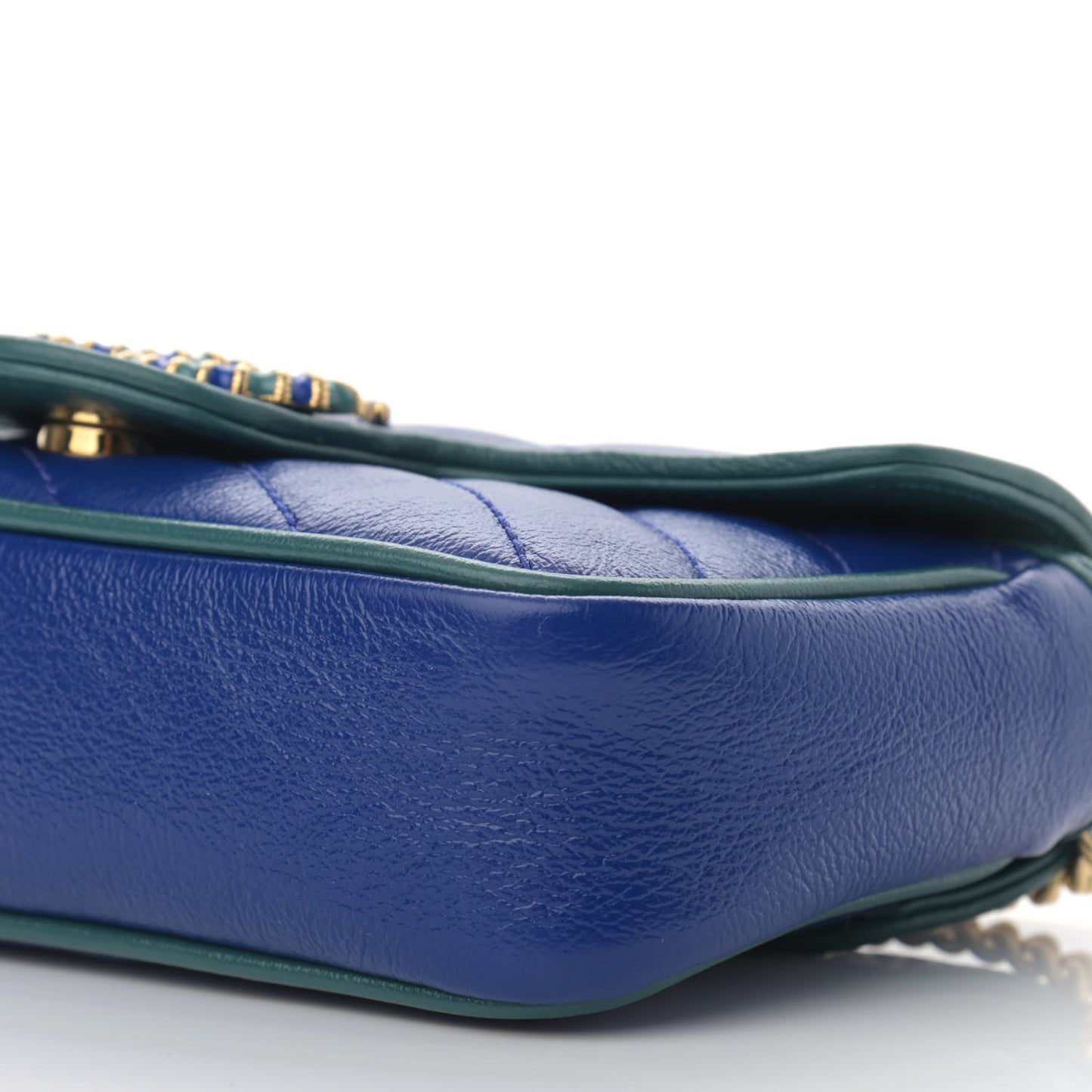 Azalea Calfskin Enamel Matelasse Diagonal Super Mini Torchon GG Marmont Shoulder Bag Imperial Blue Pavone