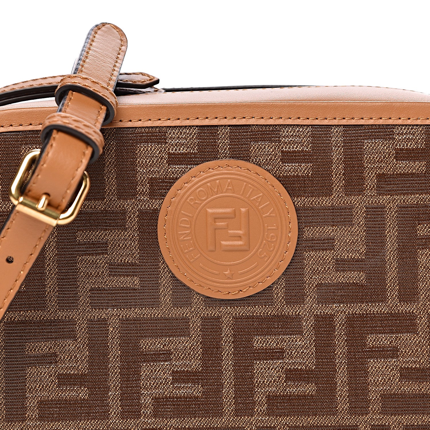 Fendi Glazed Fabric Vitello Century FF 1974 Stamp Patch Camera Case Mogano Panna Caramello 10 of 10