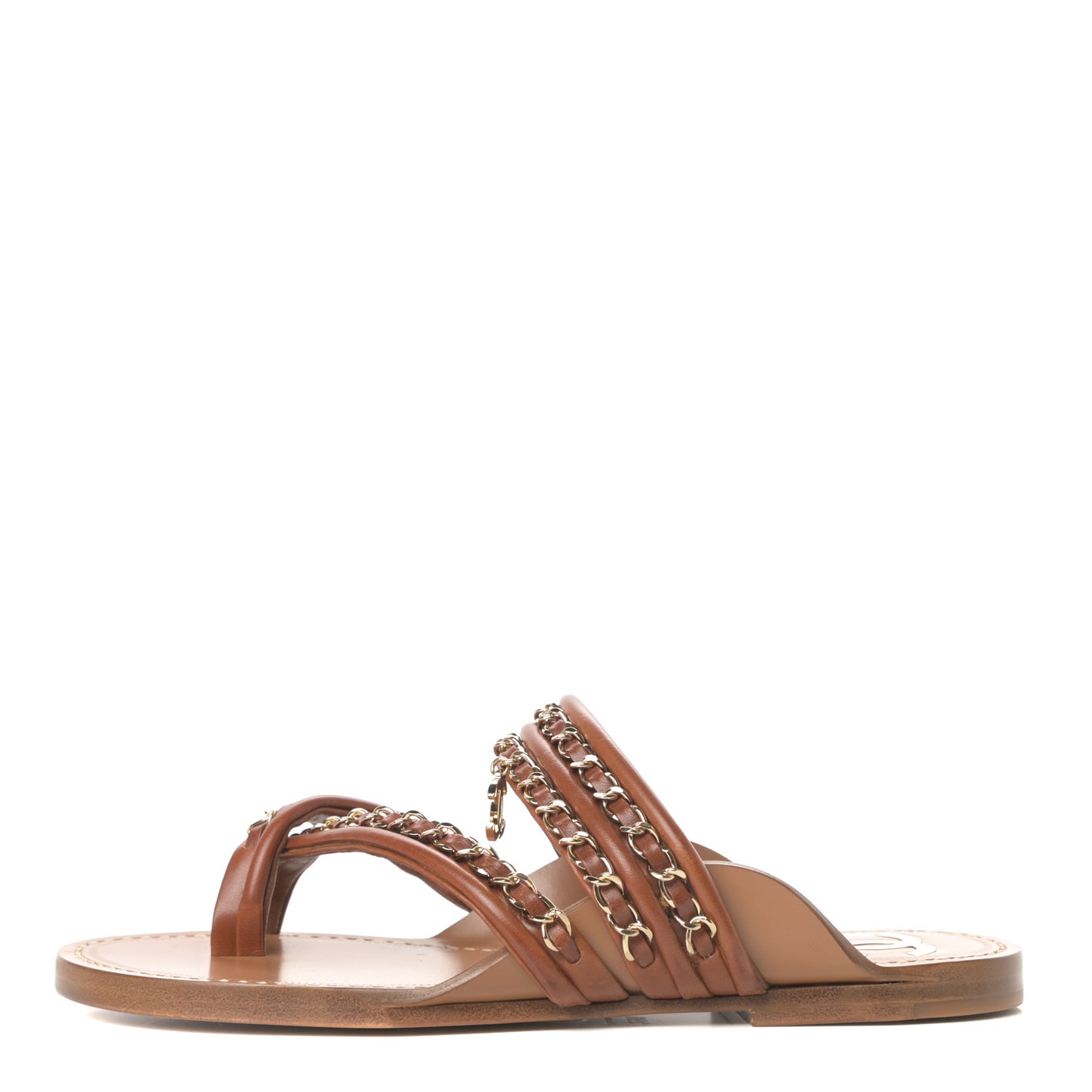 Calfskin Chain CC Thong Flat Sandals 36 Beige