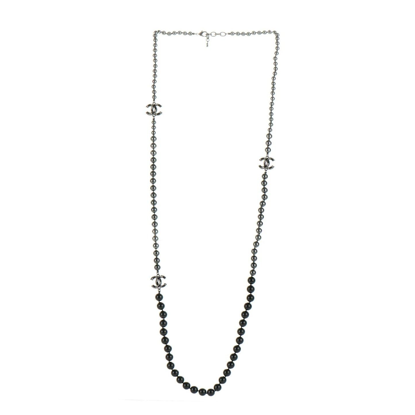 Ruthenium Graduated Bead Crystal CC Long Necklace Black Grey