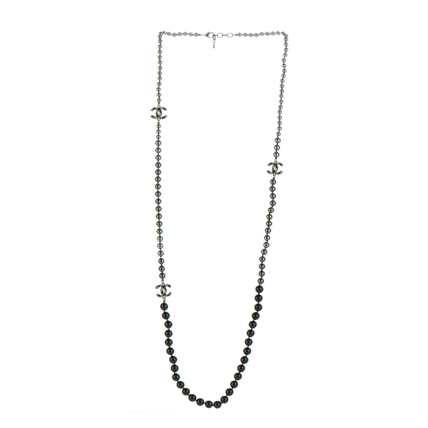 Chanel Ruthenium Graduated Bead Crystal CC Long Necklace Black Grey 2 of 3