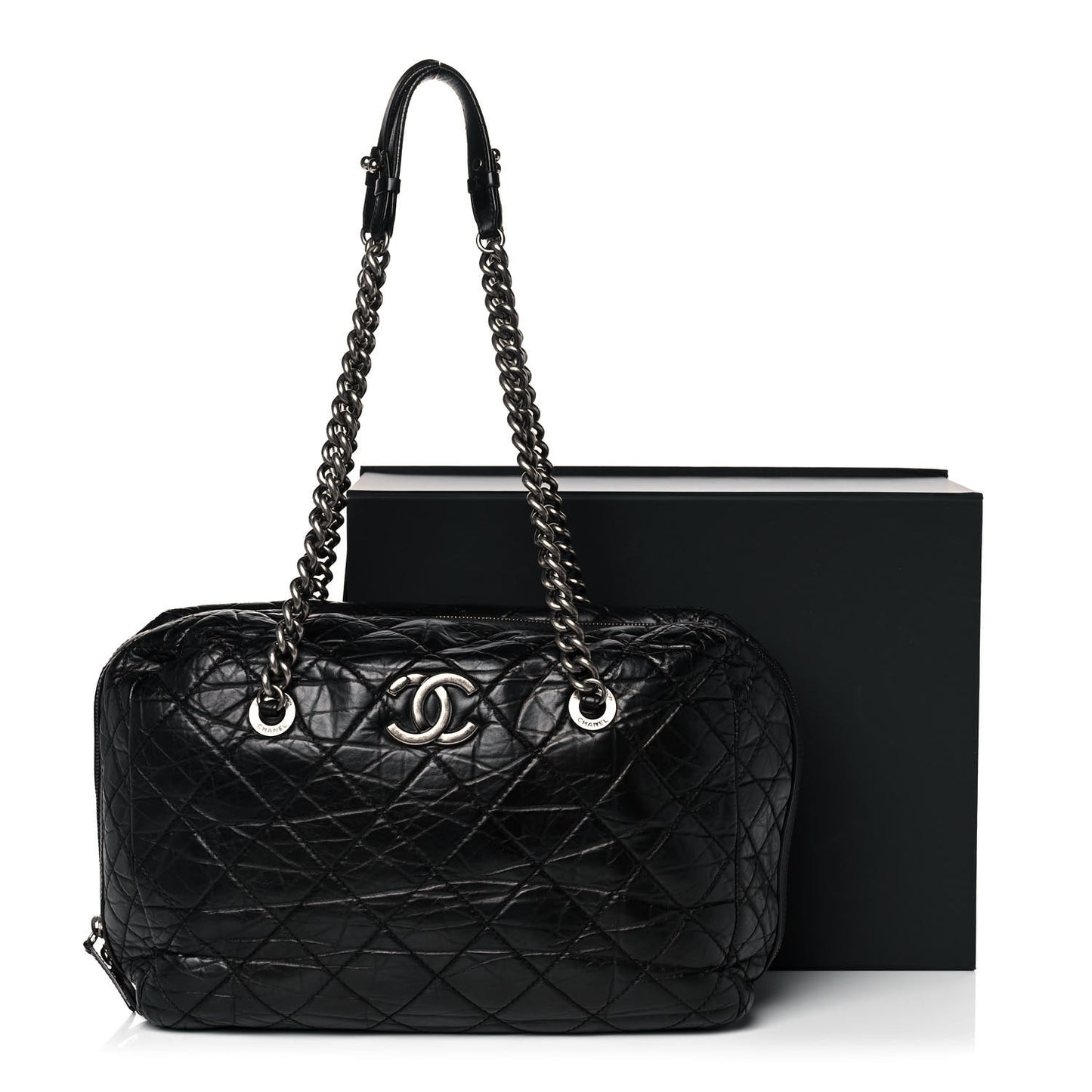 Aged Calfskin Quilted Large Secret Tag Bowling Bag Black