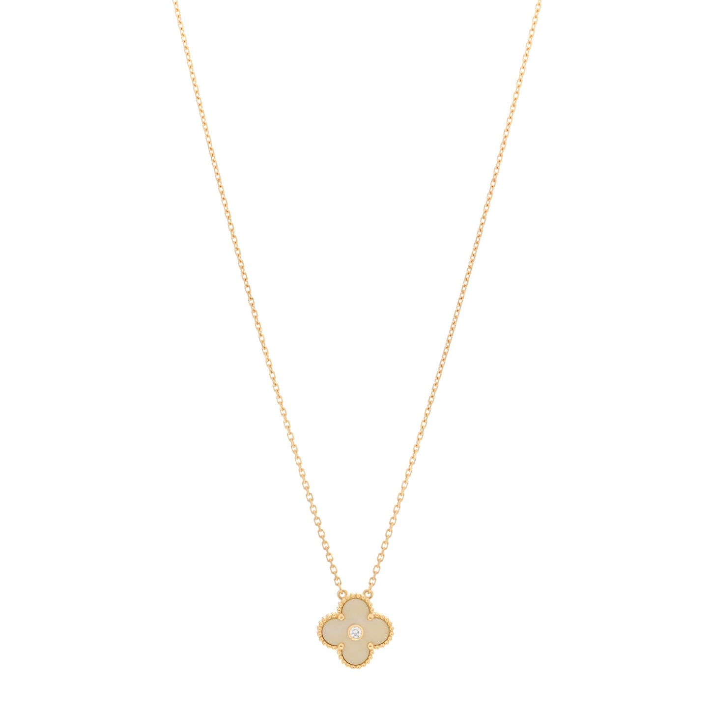 18K Yellow Gold Diamond Yellow Mother of Pearl Vintage Alhambra Pendant Necklace