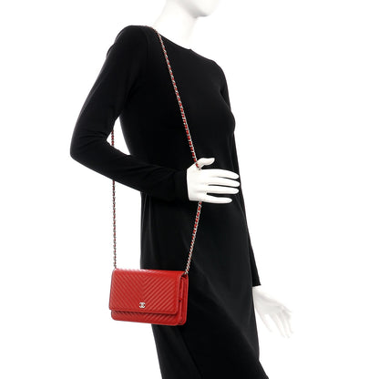 Chanel Caviar Chevron Quilted Wallet On Chain WOC Red 2 of 8