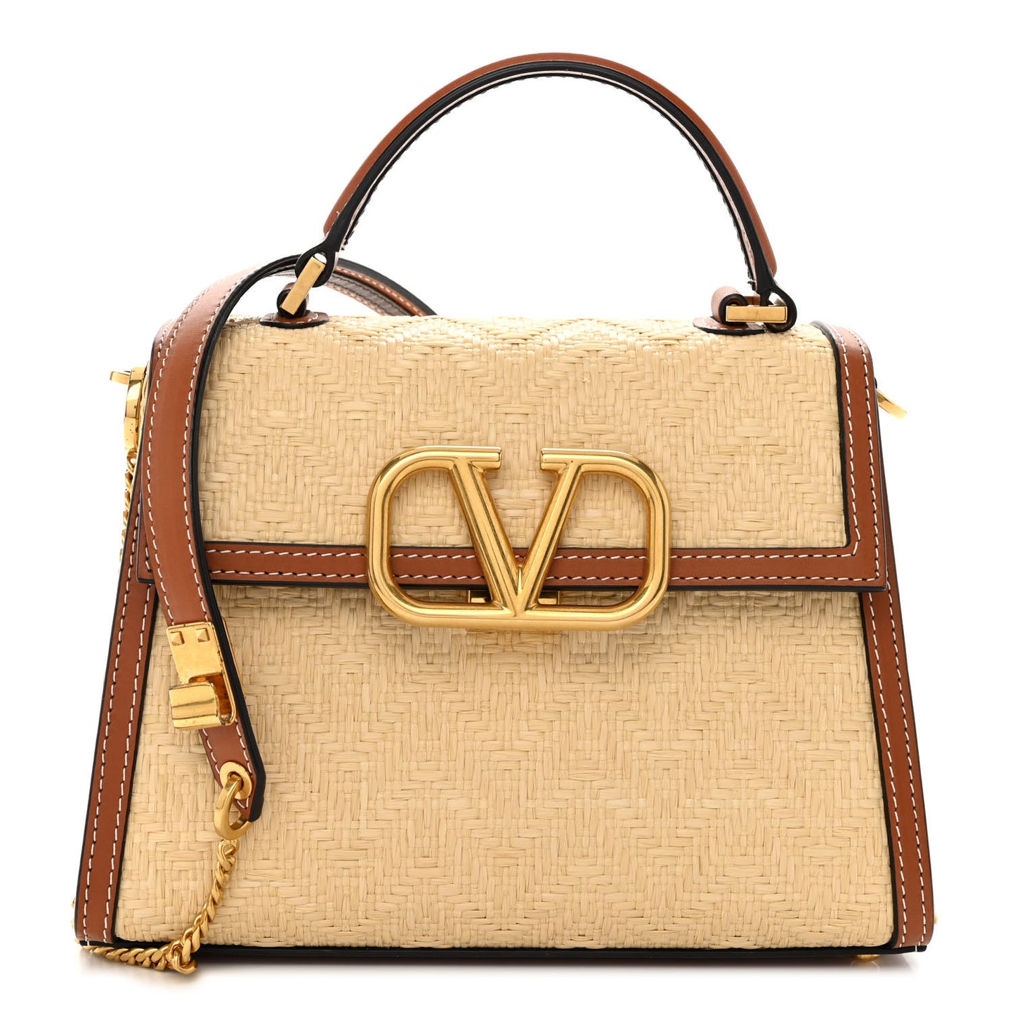 Raffia Calfskin Chevron Small VSling Top Handle Satchel Naturale Saddle Brown
