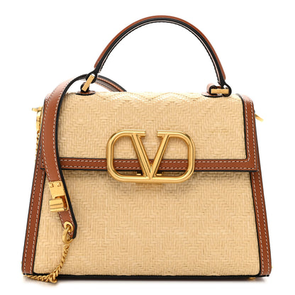 Valentino Garavani Raffia Calfskin Chevron Small VSling Top Handle Satchel Naturale Saddle Brown 1 of 9