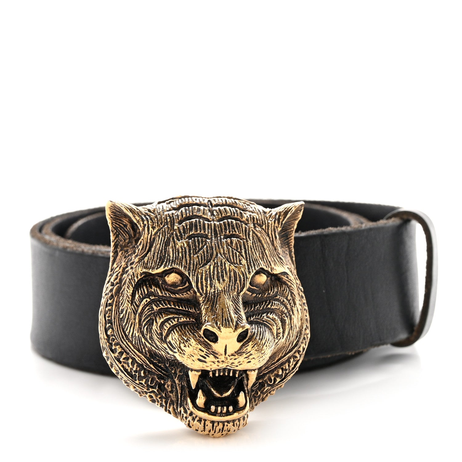 Gucci Calfskin Brass Feline Buckle Belt 85 34 Black 1 of 5