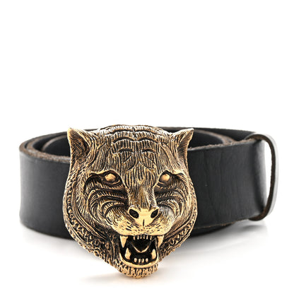Gucci Calfskin Brass Feline Buckle Belt 85 34 Black 1 of 5